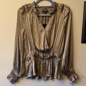 Anthropologie Current Air Women's Taupe V Neck Peplum Blouse Ruffle Detail 🆕